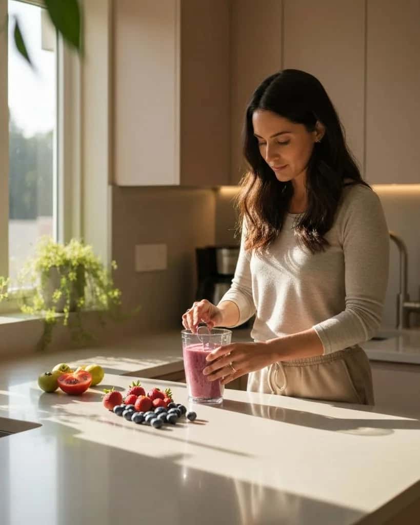 Someone making breakfast at a sunlit kitchen counter