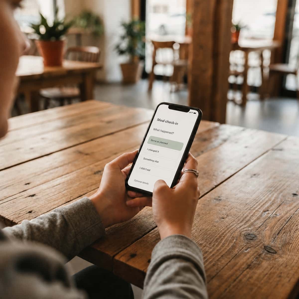 Someone at a cafe table looking at their phone